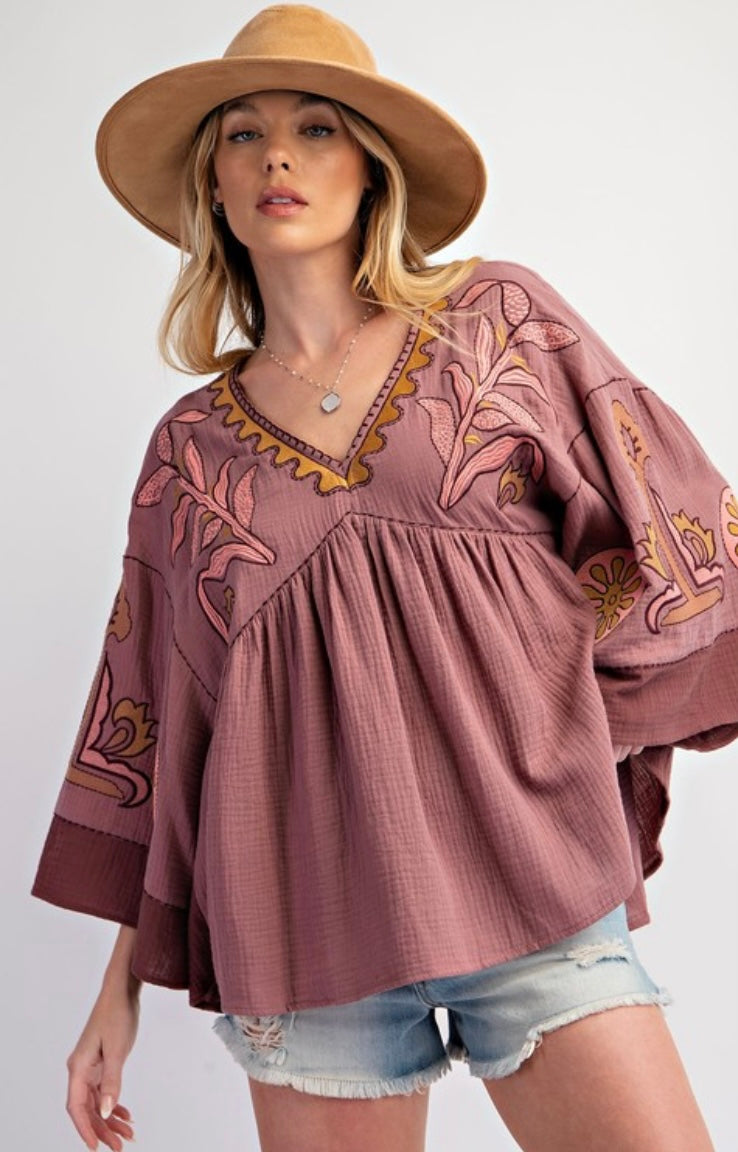 Embroidered Cotton Gauze Babydoll Woven Top