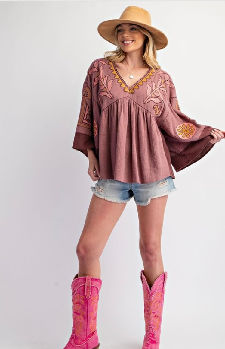 Embroidered Cotton Gauze Babydoll Woven Top