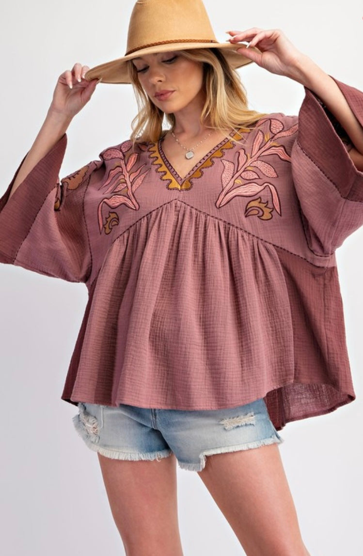 Embroidered Cotton Gauze Babydoll Woven Top