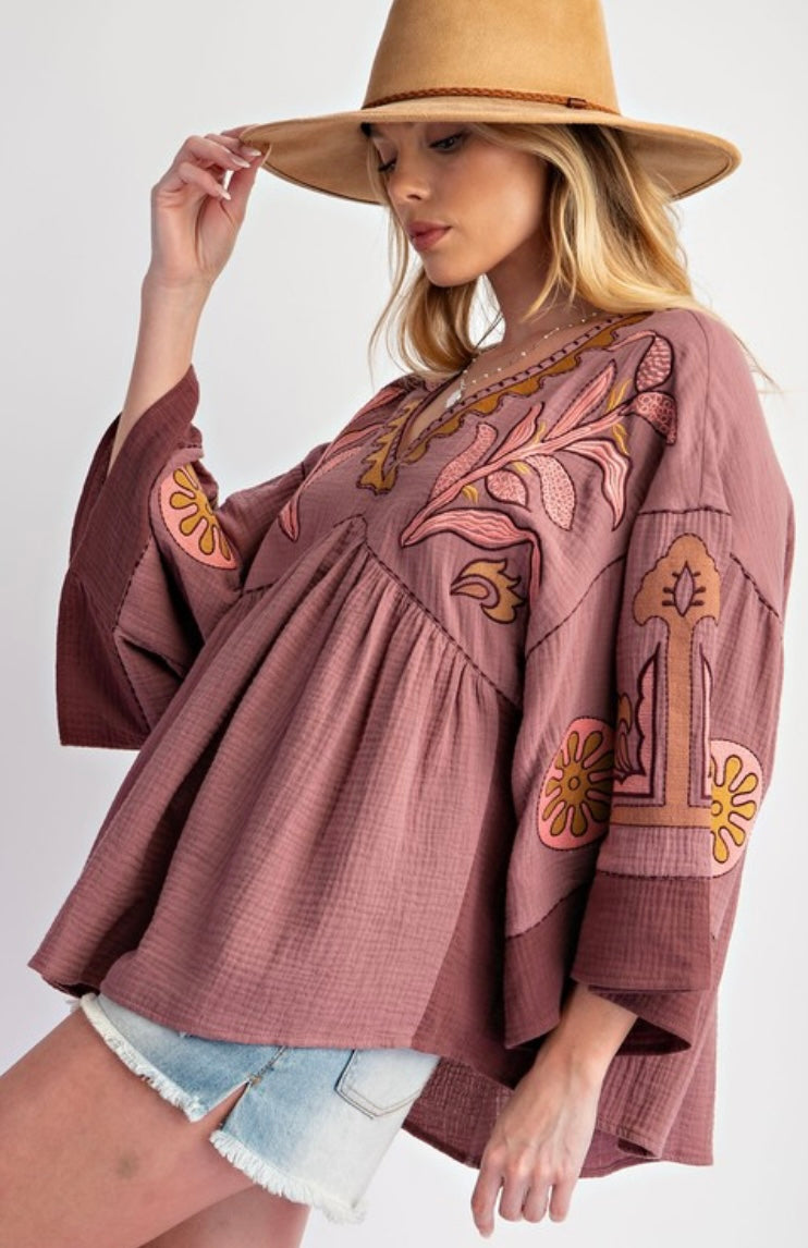 Embroidered Cotton Gauze Babydoll Woven Top
