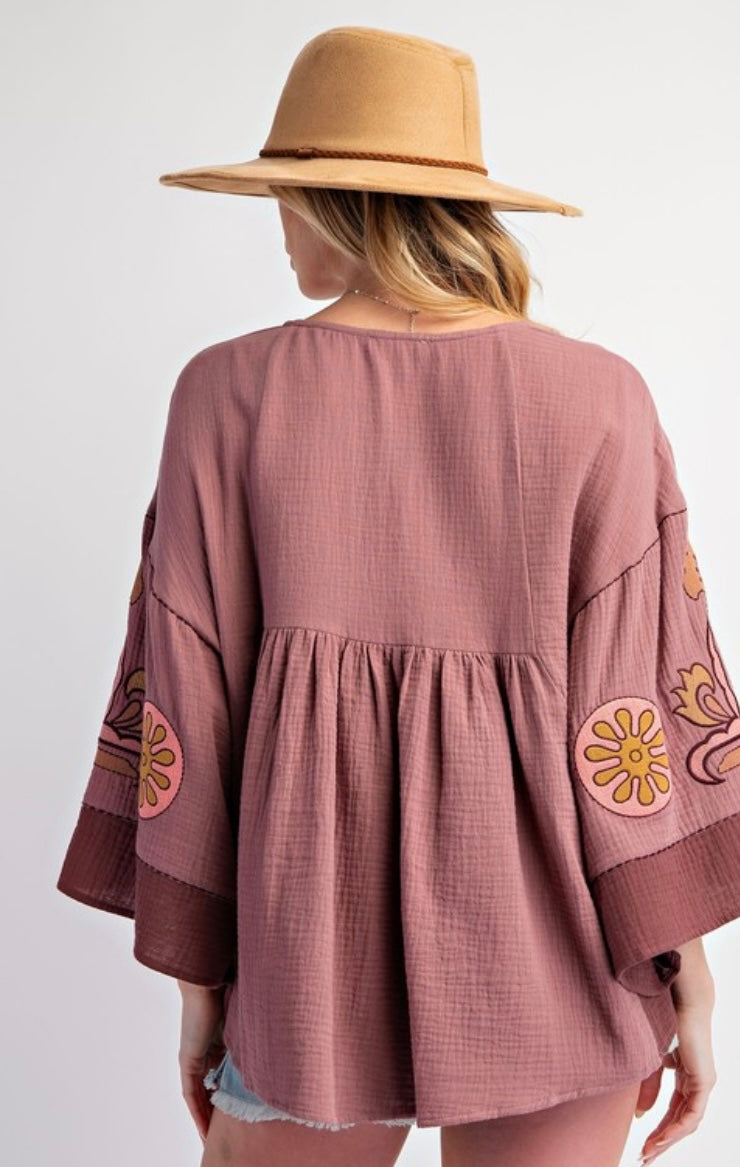 Embroidered Cotton Gauze Babydoll Woven Top