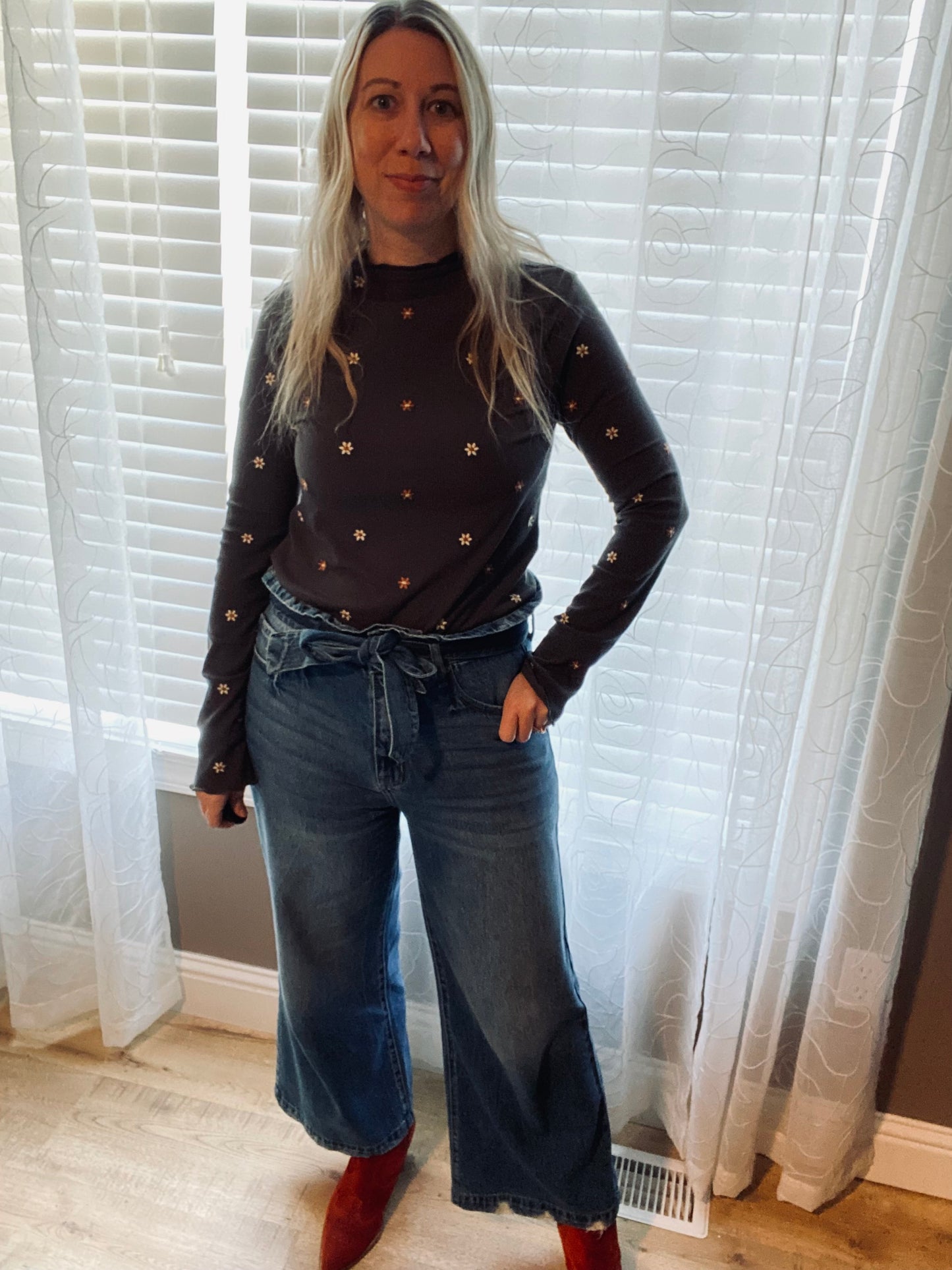 Embroidered Rib Mock Neck Cabbage Hem Top