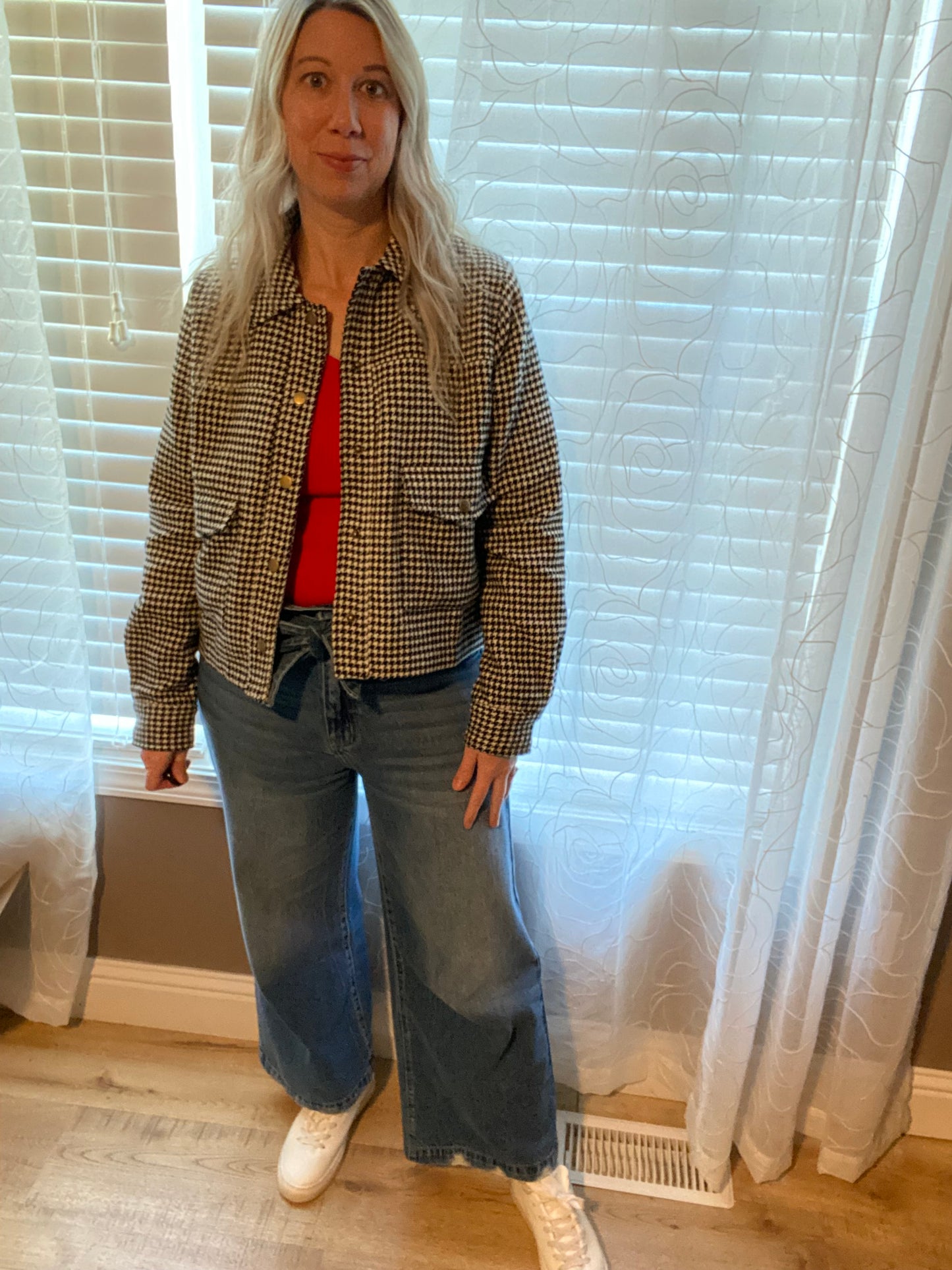 Bekah Houndstooth Snap Button Crop Jacket