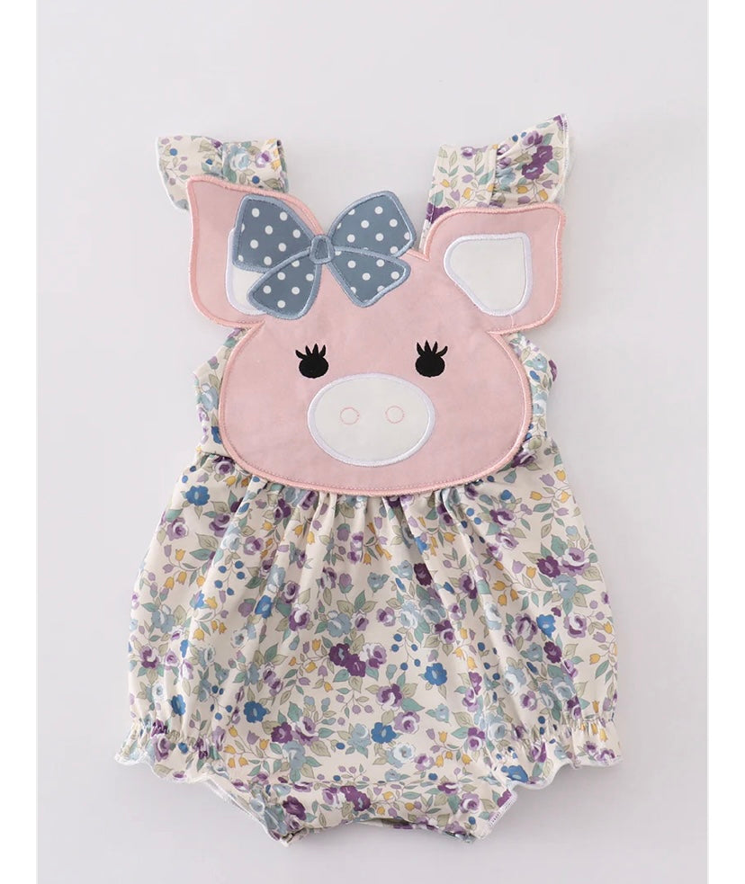 Girls Pig Appliqué Floral Print