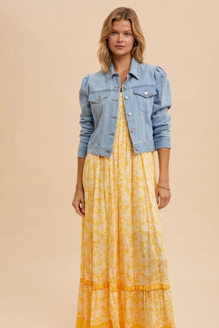 Shirred Sleeve Cropped Denim Jacket