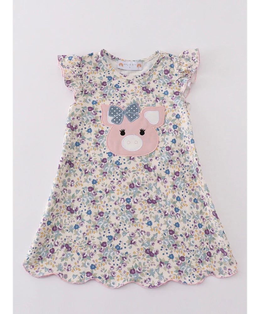 Girls Pig Appliqué Floral Print