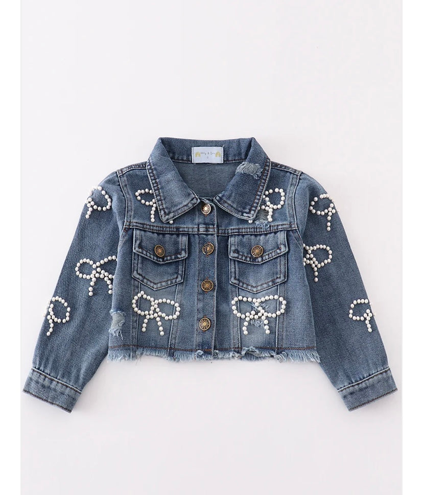 Girls Pearl Bow Embellished Denim Jacket