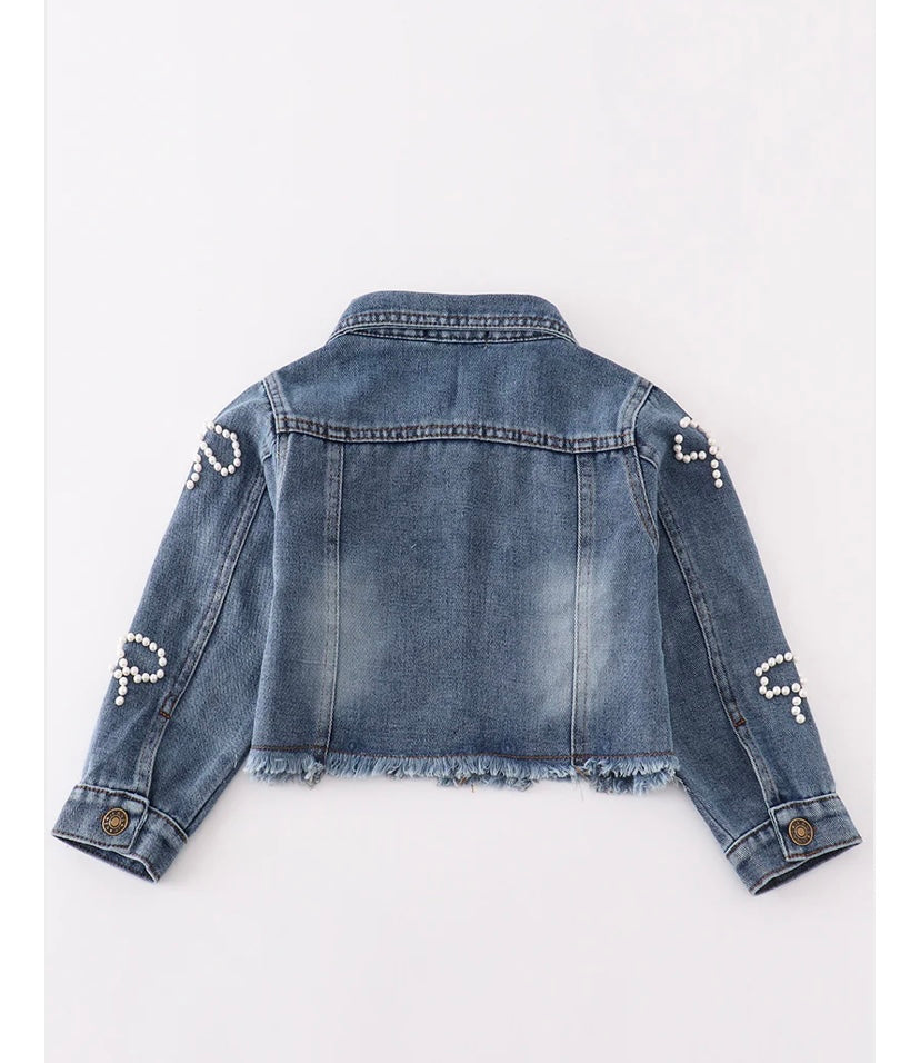 Girls Pearl Bow Embellished Denim Jacket