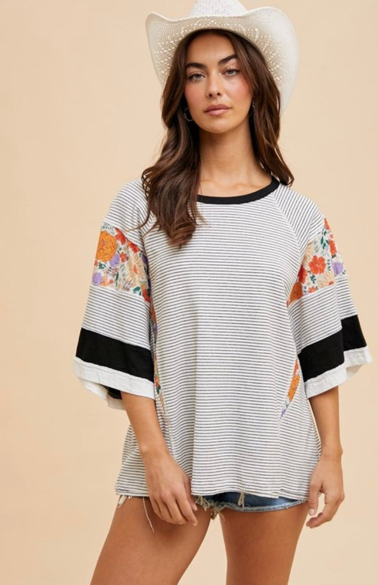 Striped And Floral Ribbed Mixed Media Tee