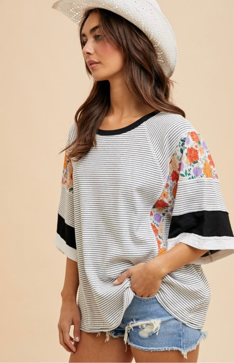 Striped And Floral Ribbed Mixed Media Tee