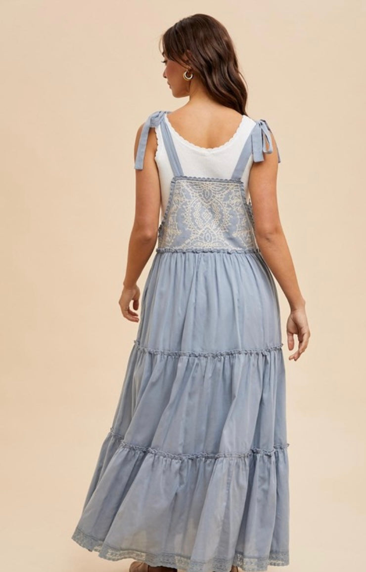 Embroidered Self Tie Apron Dress