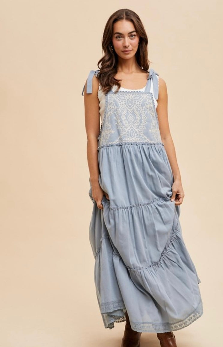 Embroidered Self Tie Apron Dress