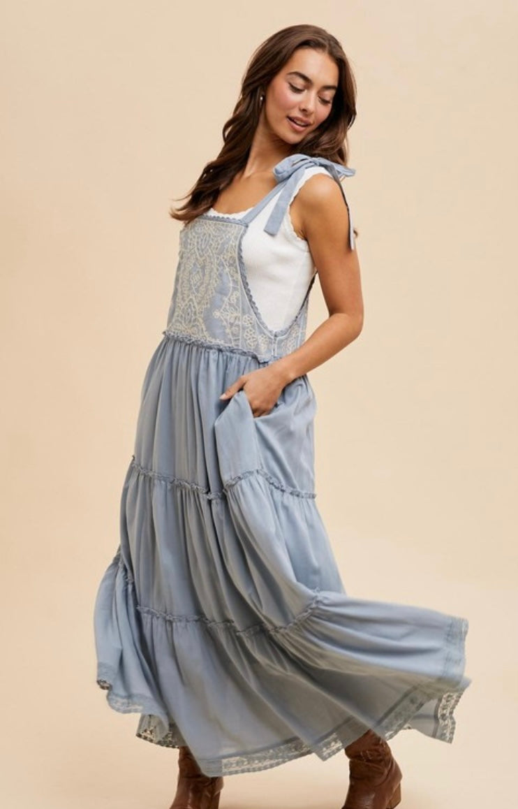 Embroidered Self Tie Apron Dress