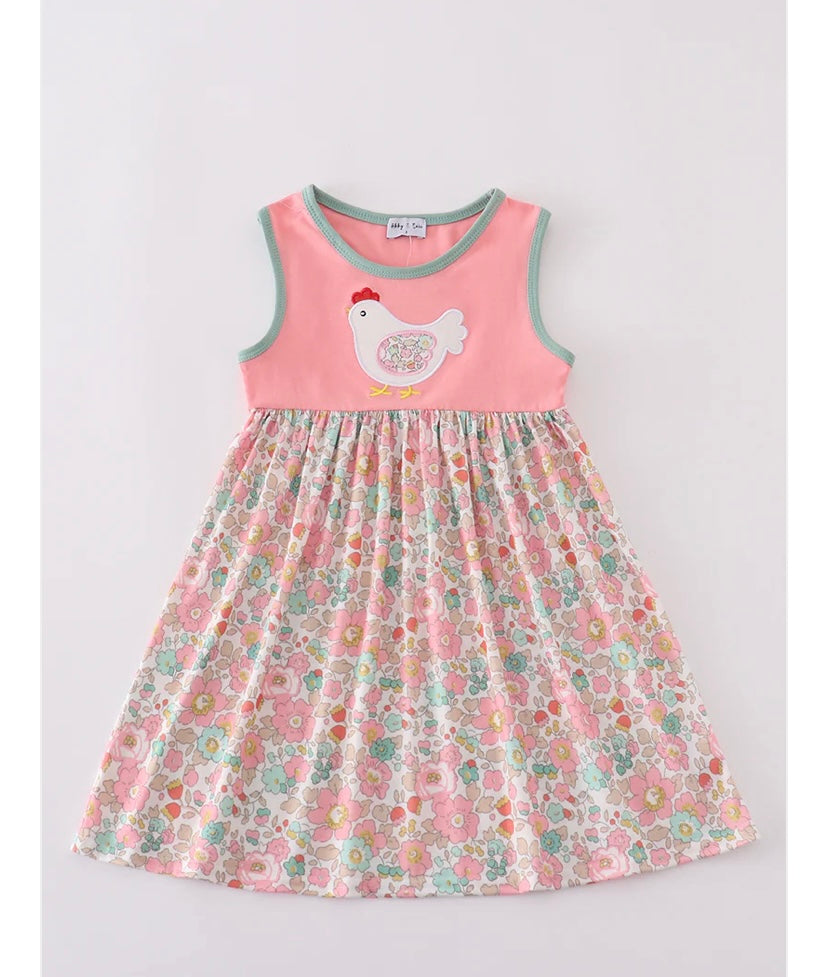 Girls Pink Floral Chicken Appliqué Dress
