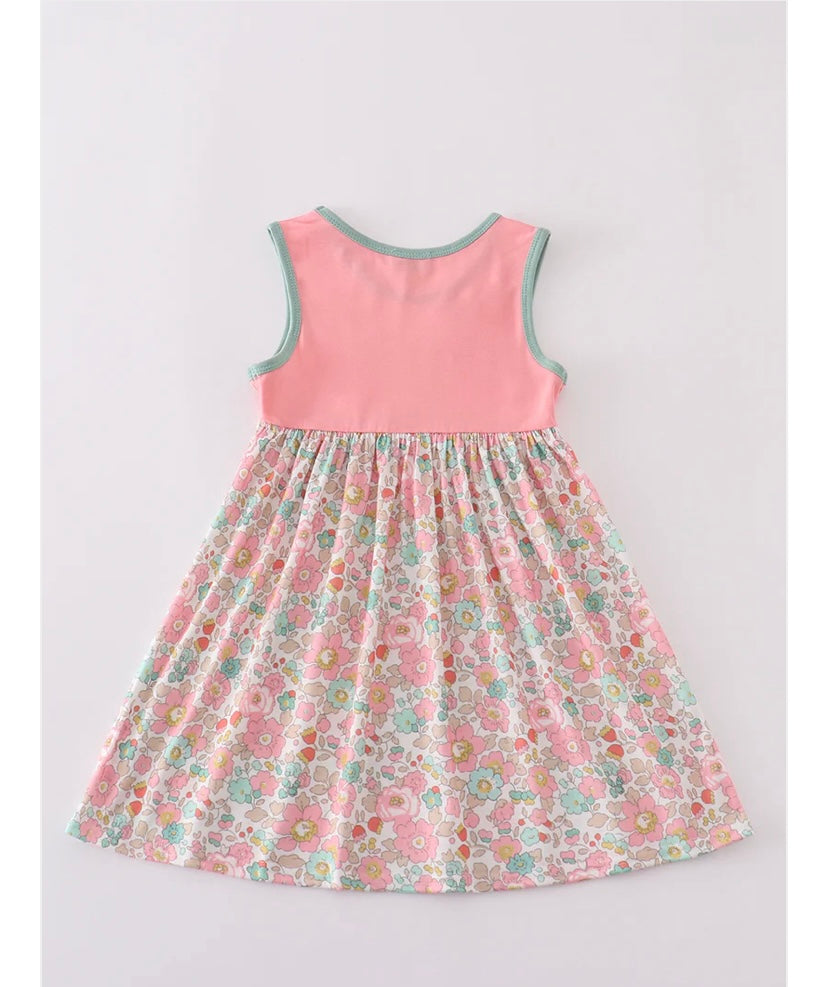 Girls Pink Floral Chicken Appliqué Dress