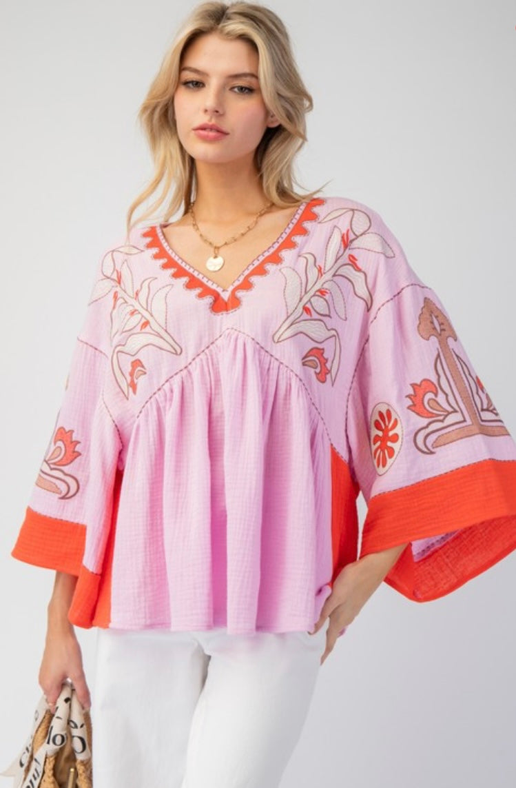 Embroidered Cotton Gauze Babydoll Woven Top