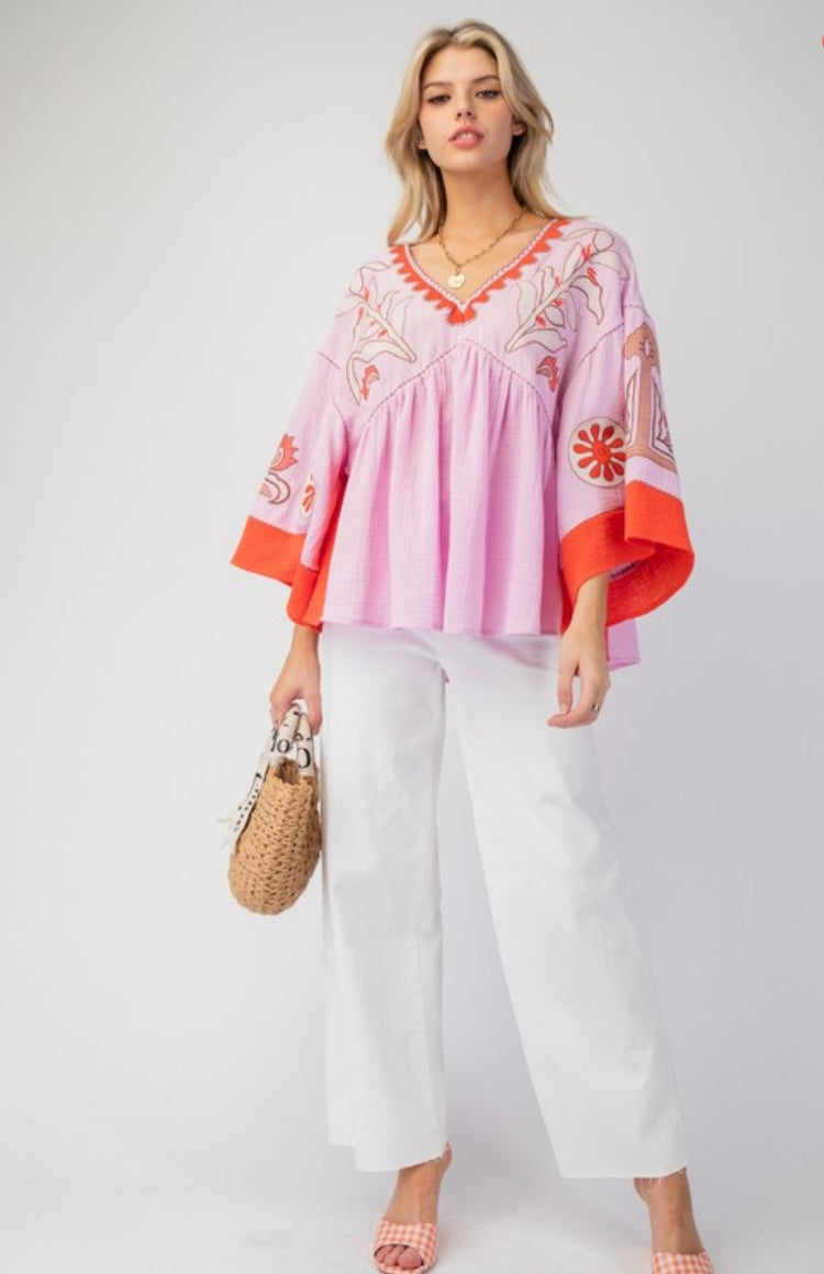 Embroidered Cotton Gauze Babydoll Woven Top