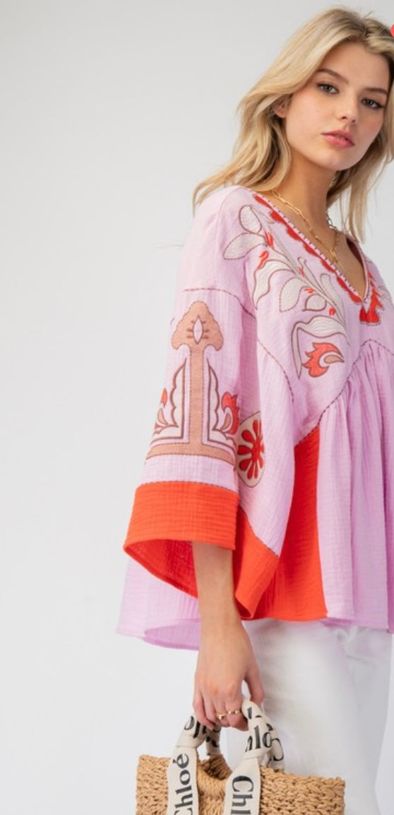 Embroidered Cotton Gauze Babydoll Woven Top