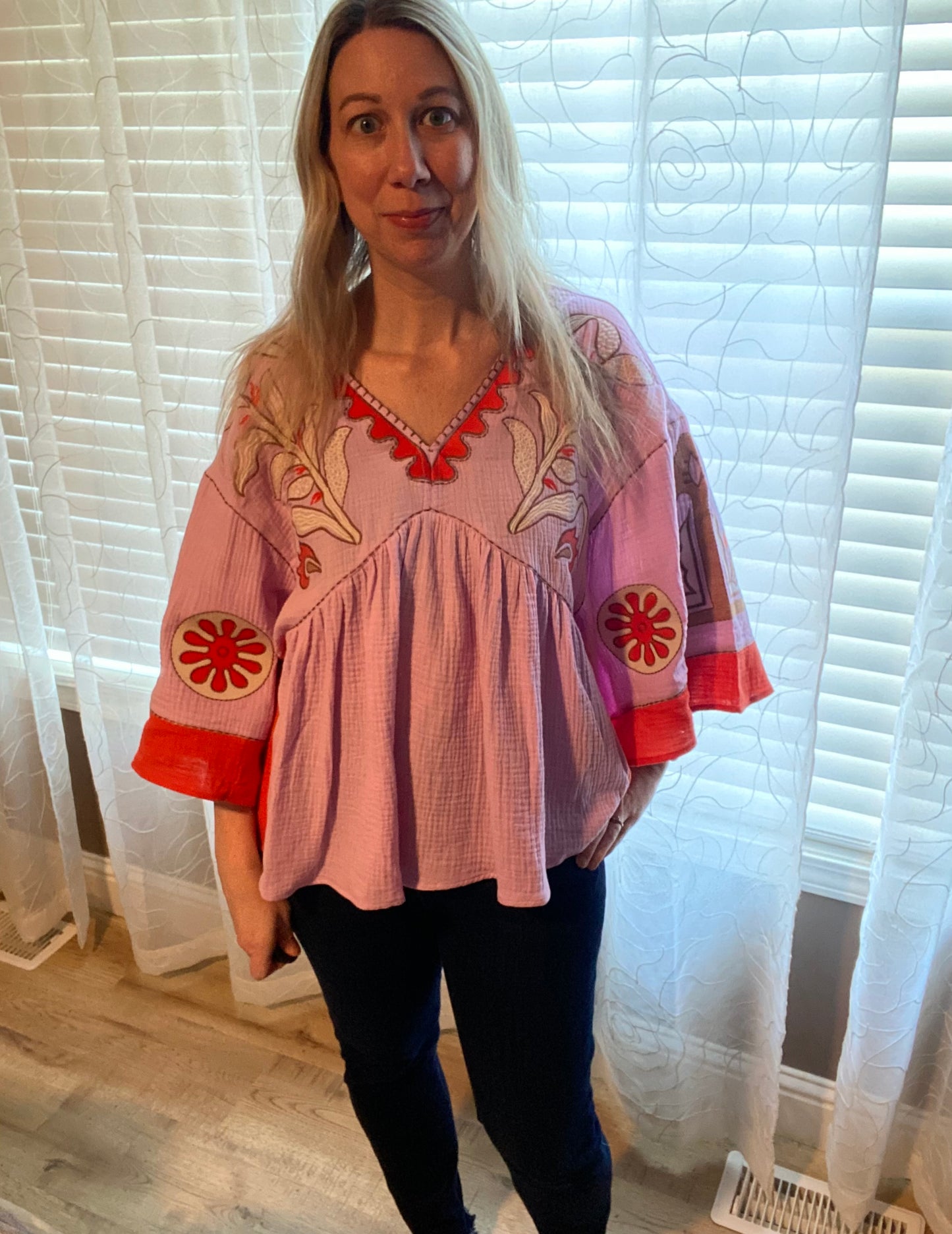 Embroidered Cotton Gauze Babydoll Woven Top