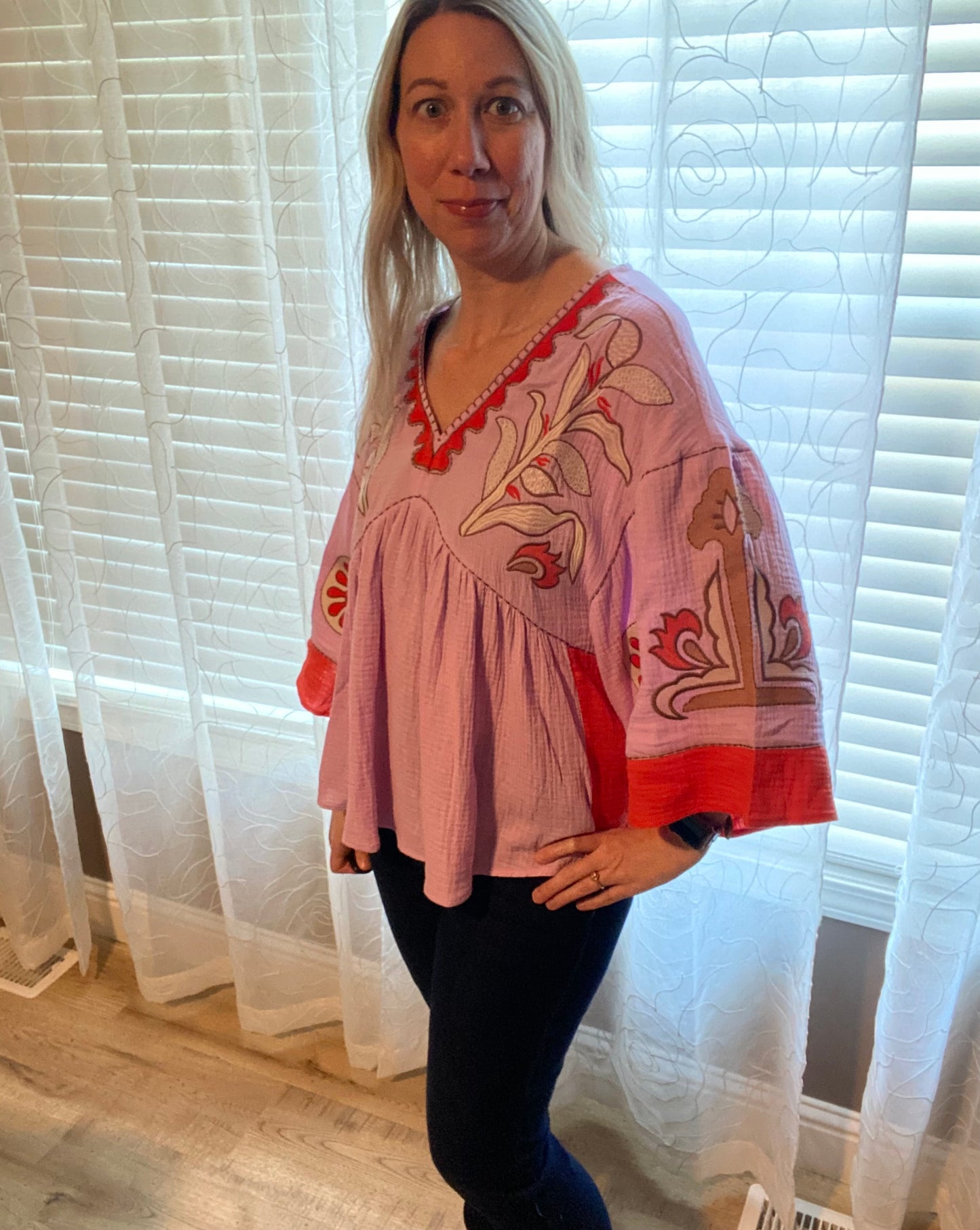 Embroidered Cotton Gauze Babydoll Woven Top