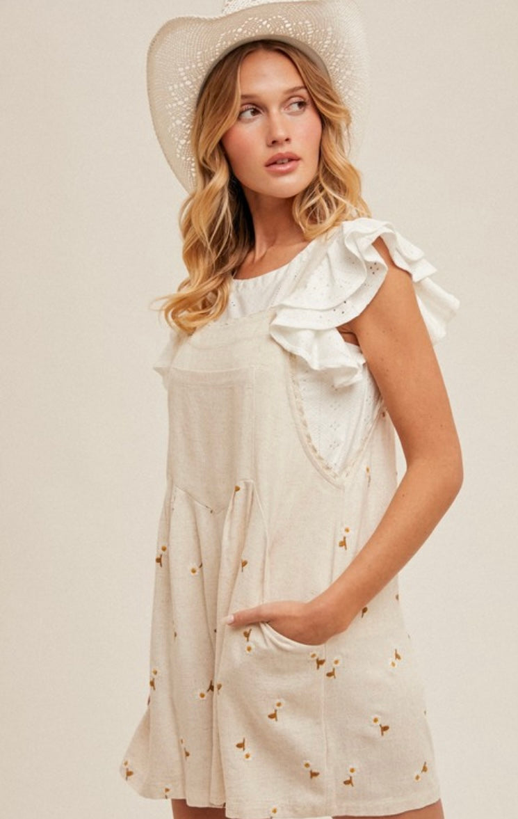 Floral Embroidery Short Overall