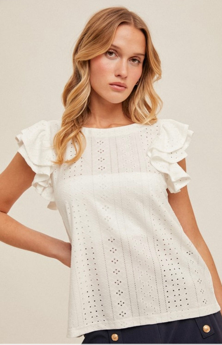 Knit Eyelet Flutter Sleeve Top