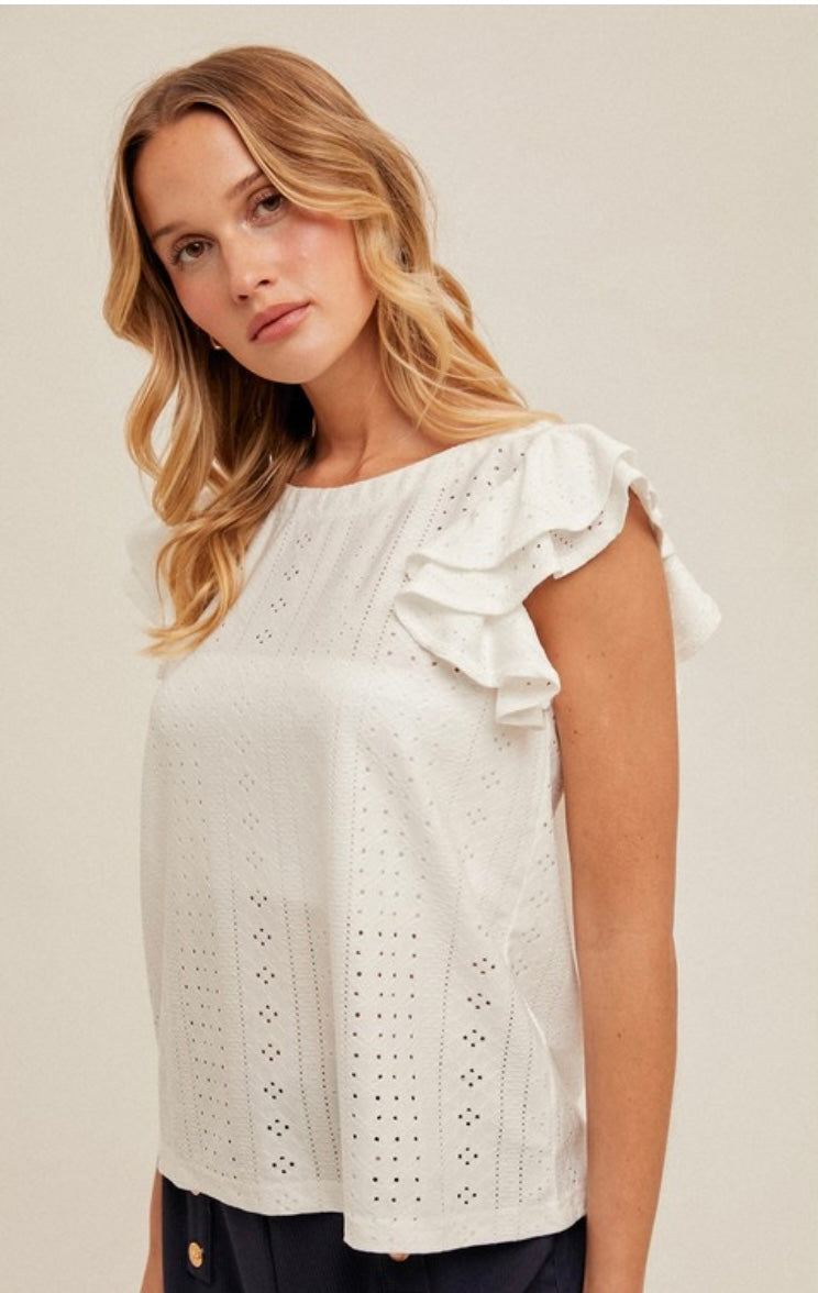Knit Eyelet Flutter Sleeve Top
