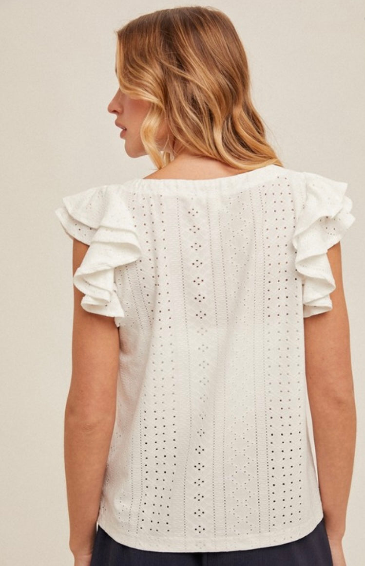 Knit Eyelet Flutter Sleeve Top