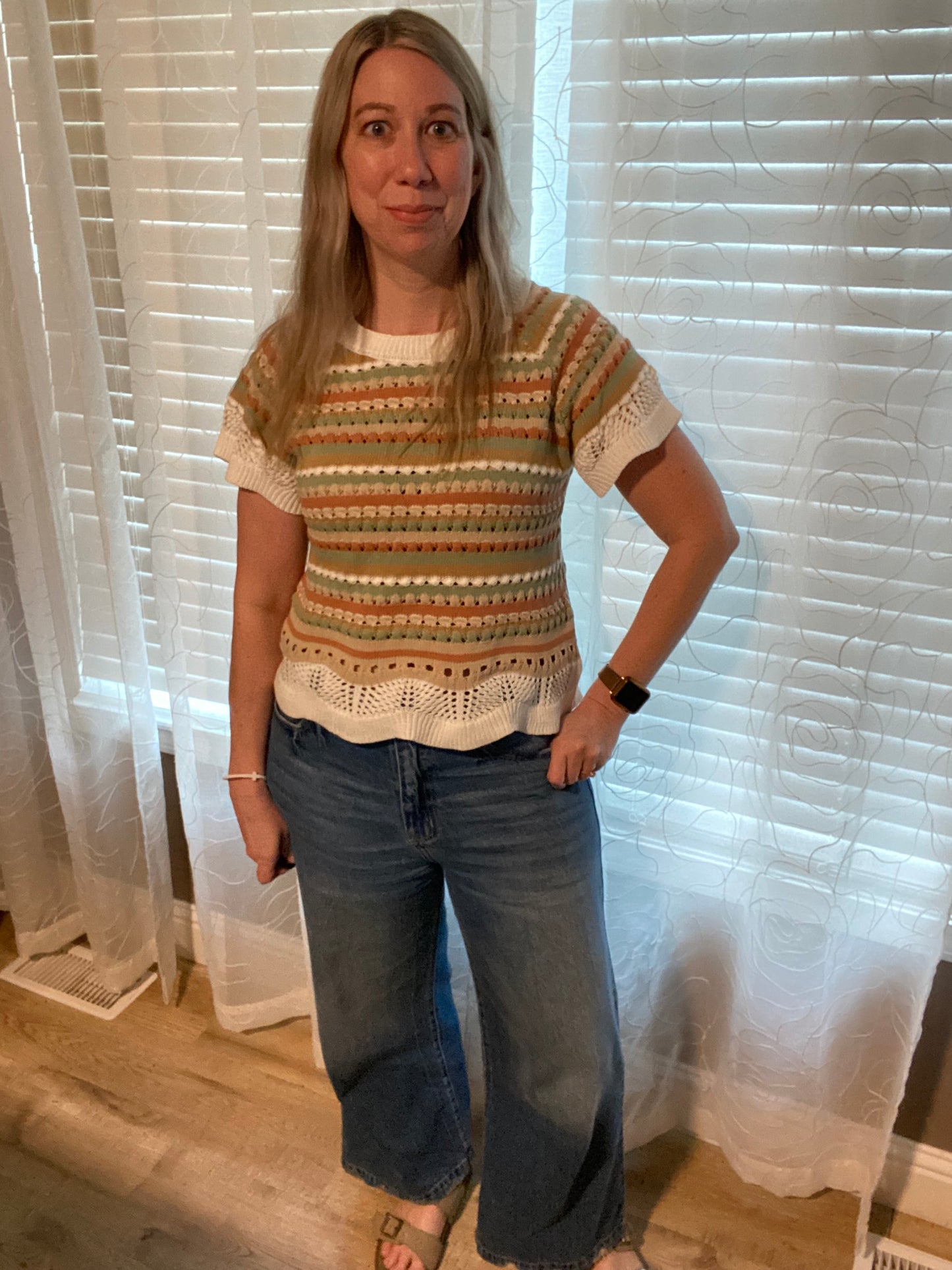 Crochet Multi Striped Sweater Knit Top