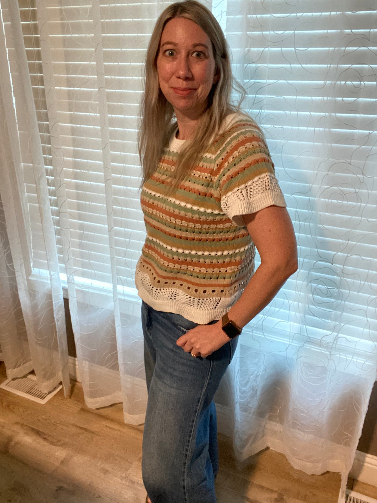 Crochet Multi Striped Sweater Knit Top