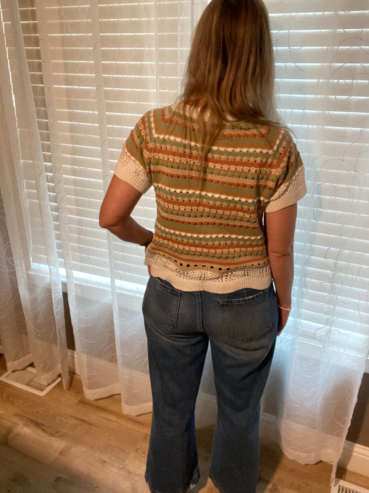 Crochet Multi Striped Sweater Knit Top