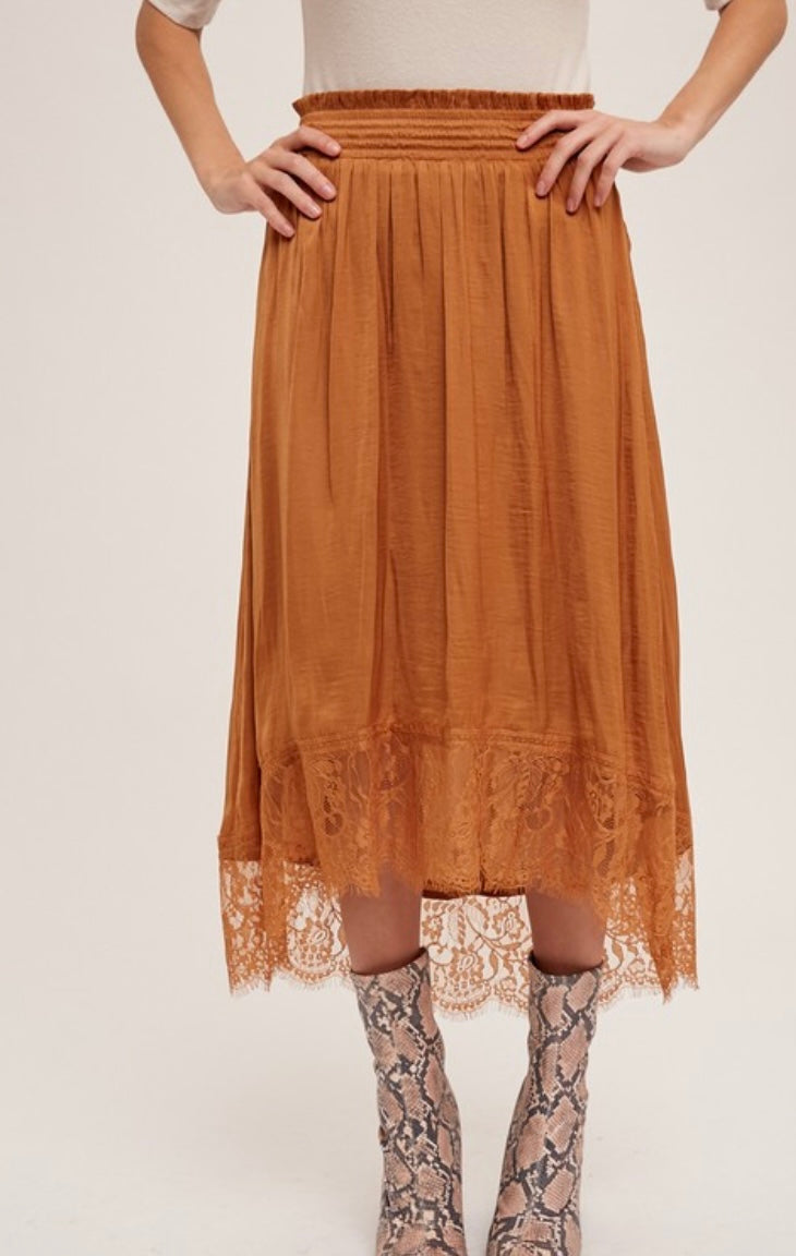 Hammer Satin Lace Midi Skirt