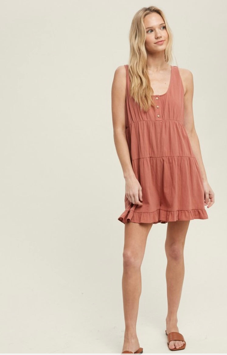 Button Up Tiered Romper With Self Tie Back