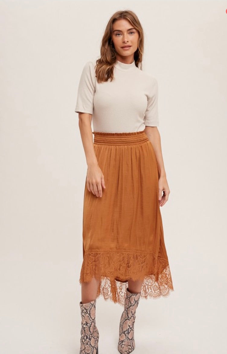 Hammer Satin Lace Midi Skirt
