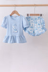 Blue bunny applique ruffle shorts set