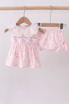 Pink bunny smocked lace collar bow bloomer set