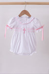 White cross smocked ruffle bubble
