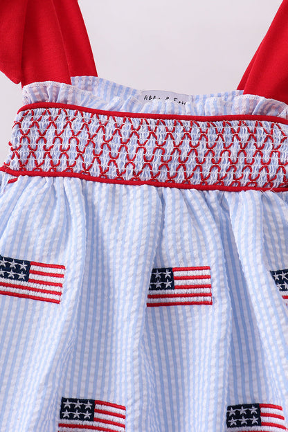 Blue flag embroidery seersucker ruffle shorts set