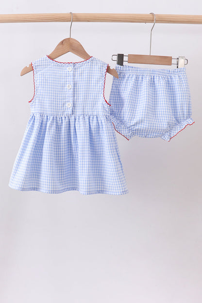 Blue flag smocked woven gingham bloomer set