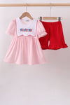 Pink flag embroidery gingham ruffle shorts set