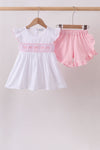 White Bow Smocked Jacquard Ruffle Shorts Set