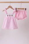 Pink stripe seersucker strawberry smocked bloomer set