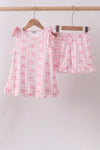 Pink bow print scalloped ruffle shorts set