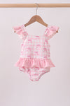 Pink bow print ruffle one-piece swimsuit