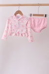 Pink bow print ruffle zipper 2pc swimsuit