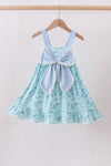 Blue beach print bow ruffle dress