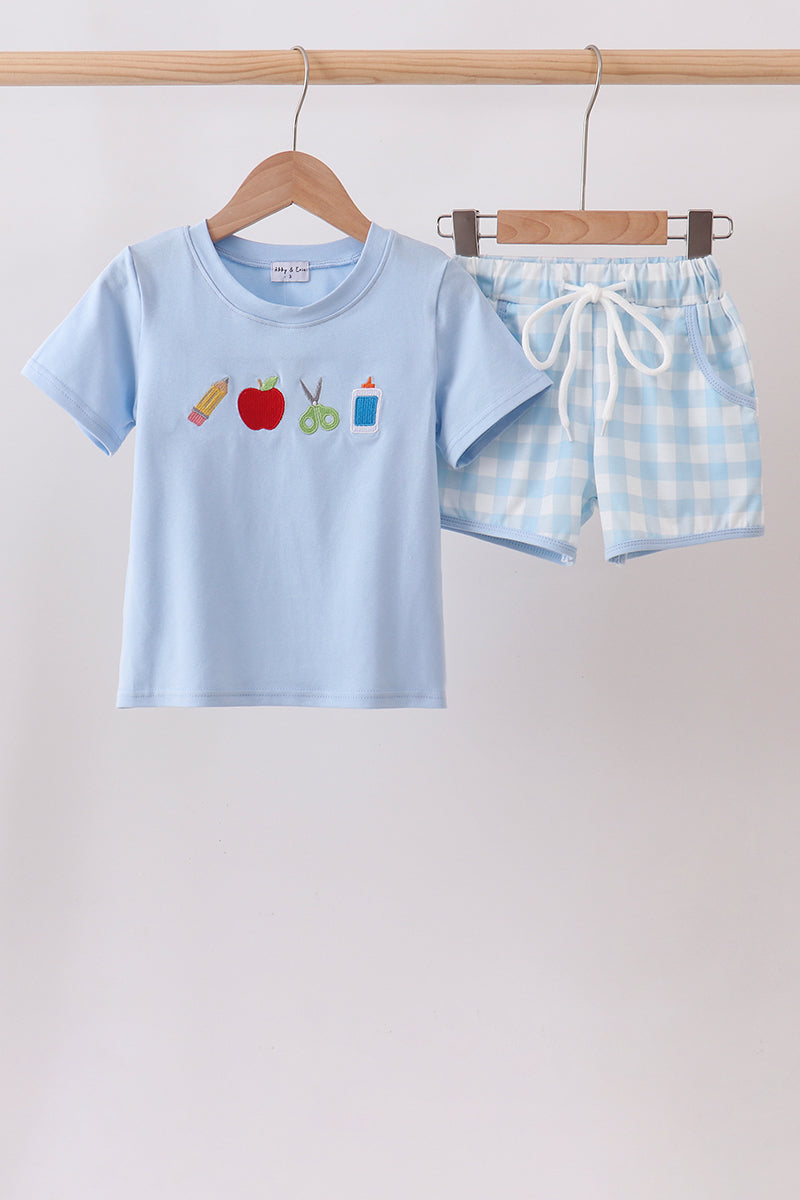 Blue Apple Embroidered Gingham Shorts Set