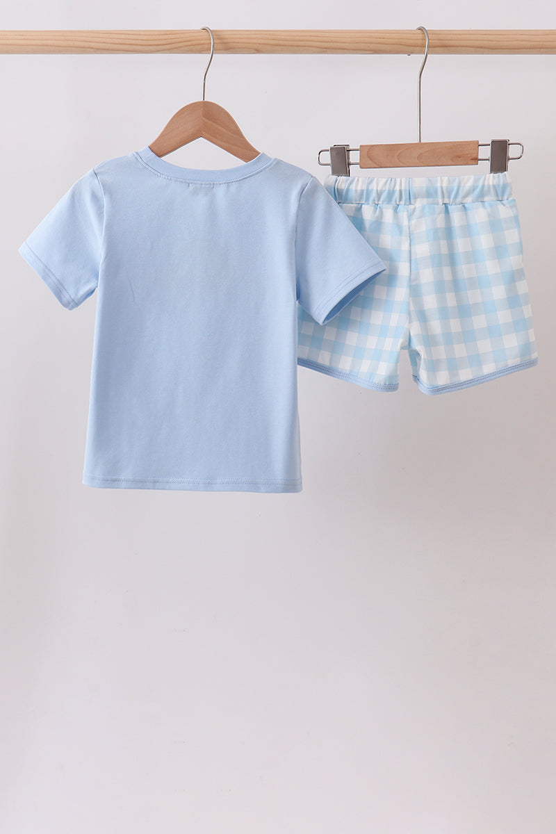 Blue Apple Embroidered Gingham Shorts Set