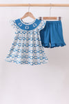 Blue Crab Embroidered Checkered Ruffle Shorts Set