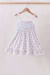 Blue Floral Smocked Ruffle Dress